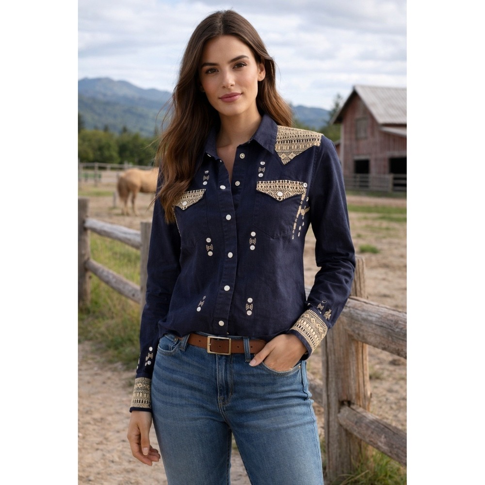 Denim & Supply RALPH LAUREN WESTERN EMBROIDERED PEARLSNAP Cowgirl Shirt Womens M